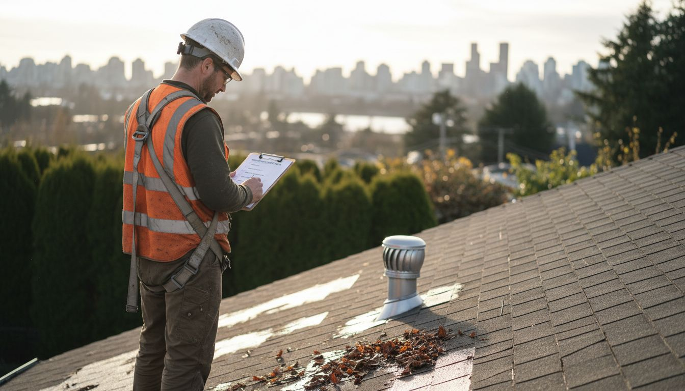 Roofer inspecting roof for safety compliance