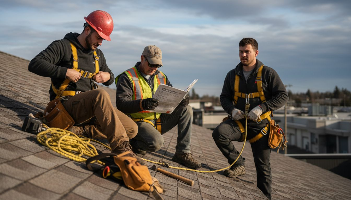 Roofing crew using safety practices