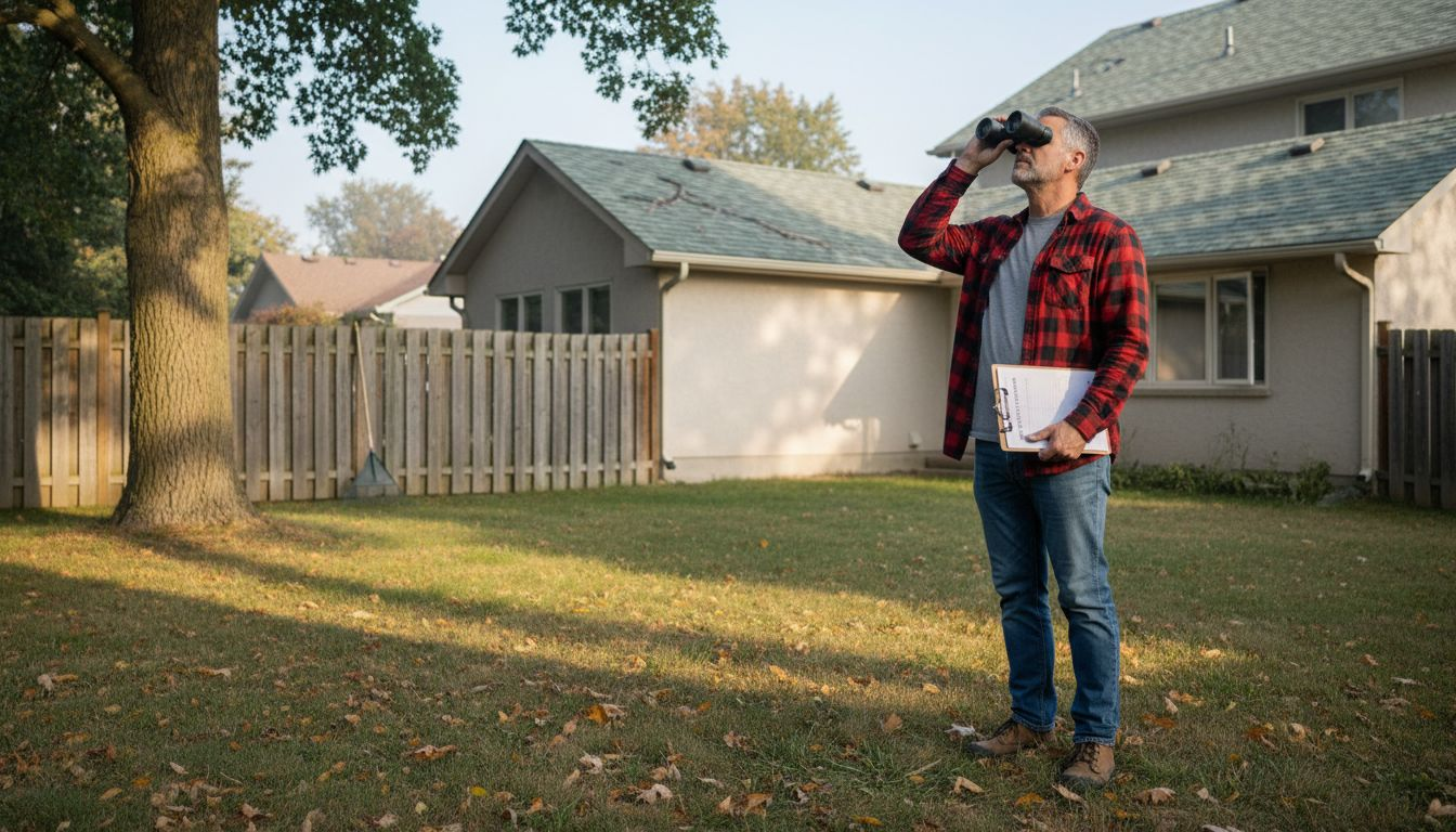 Homeowner inspecting roof from backyard