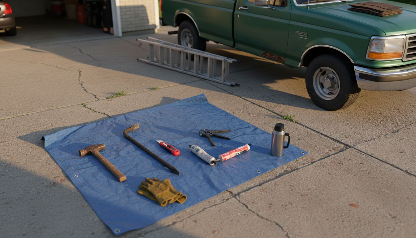 Assorted roof repair tools on driveway tarp