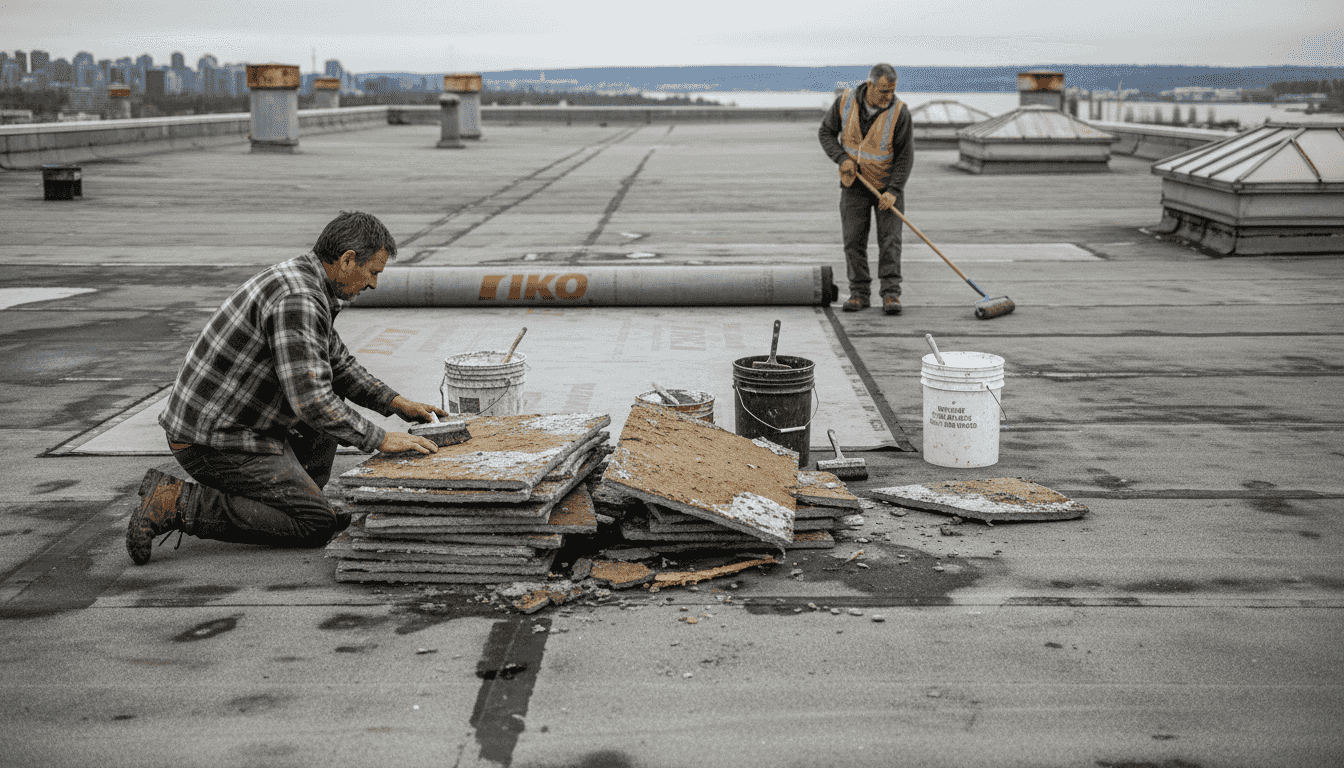 Workers overlay new membrane on commercial roof