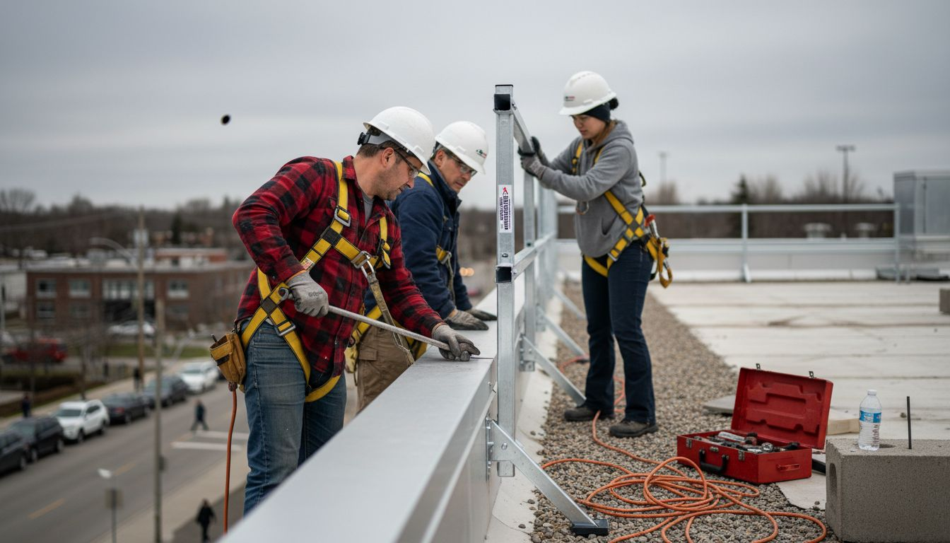 Roof crew adding fall protection to building