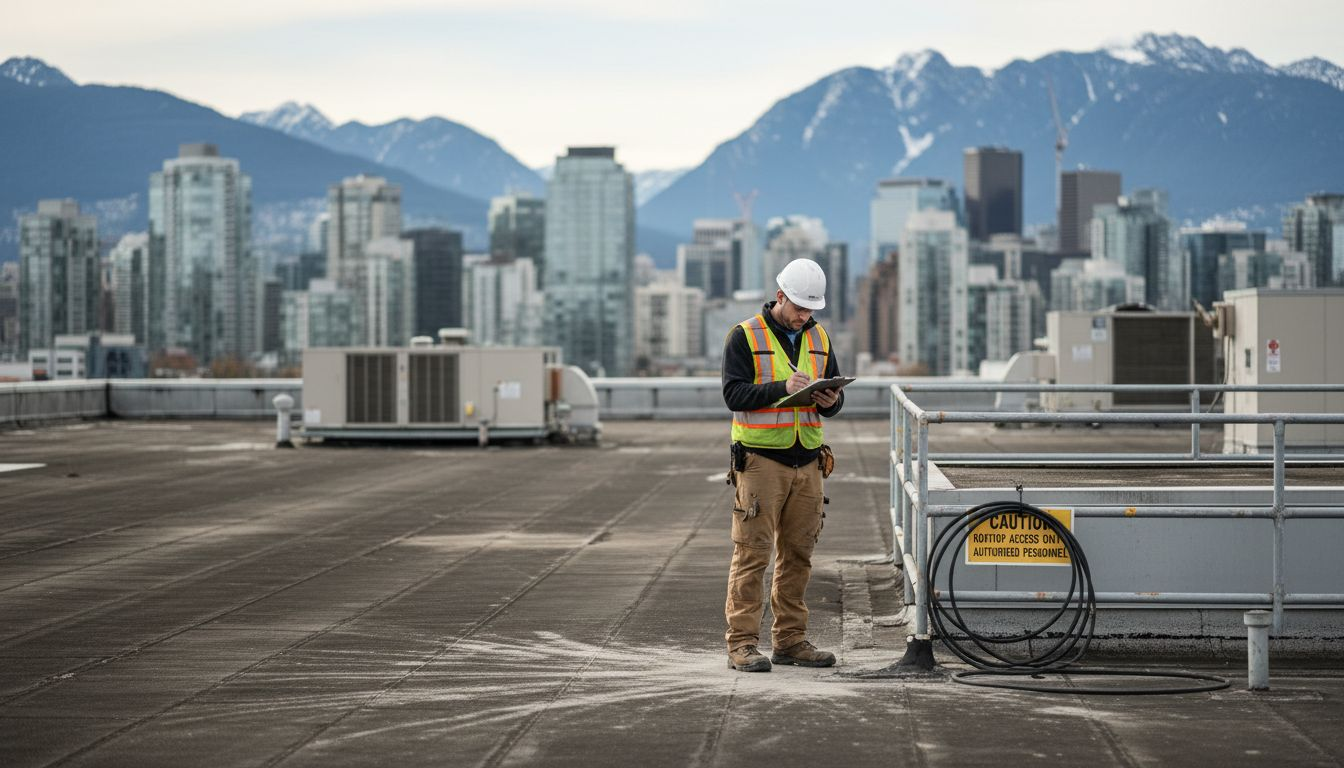Safety inspector examining BC industrial rooftop