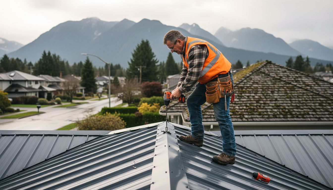 Contractor works on wet metal roof in BC