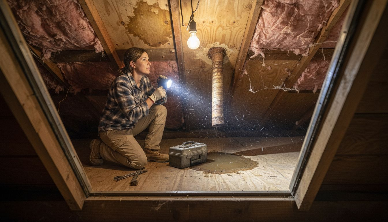 Inspector checks attic for roof moisture damage