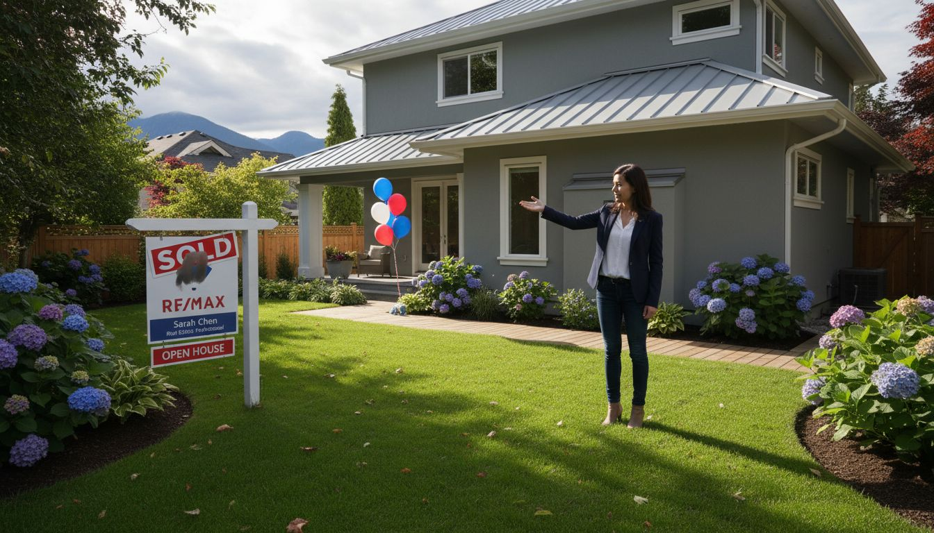 Agent with re-roofed home and sale sign