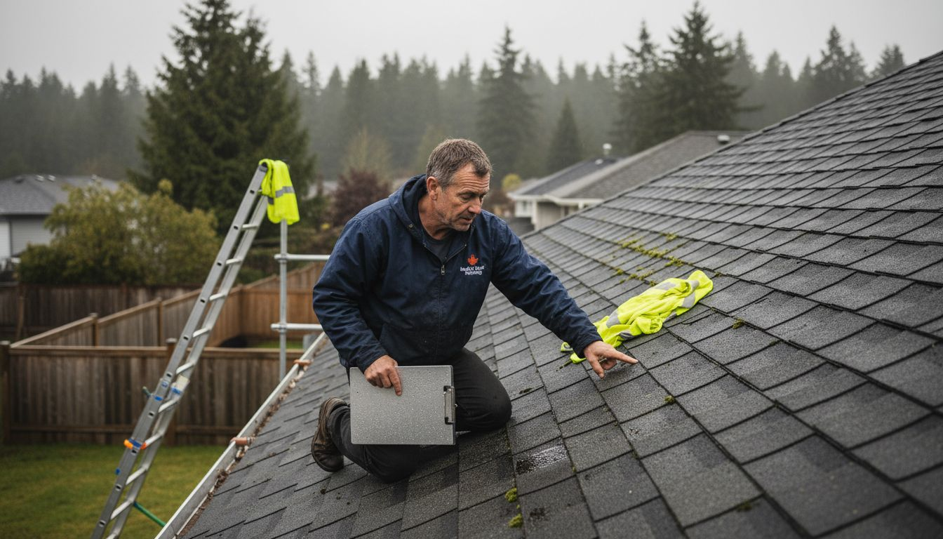 Roofer inspecting wet BC home roof for damage
