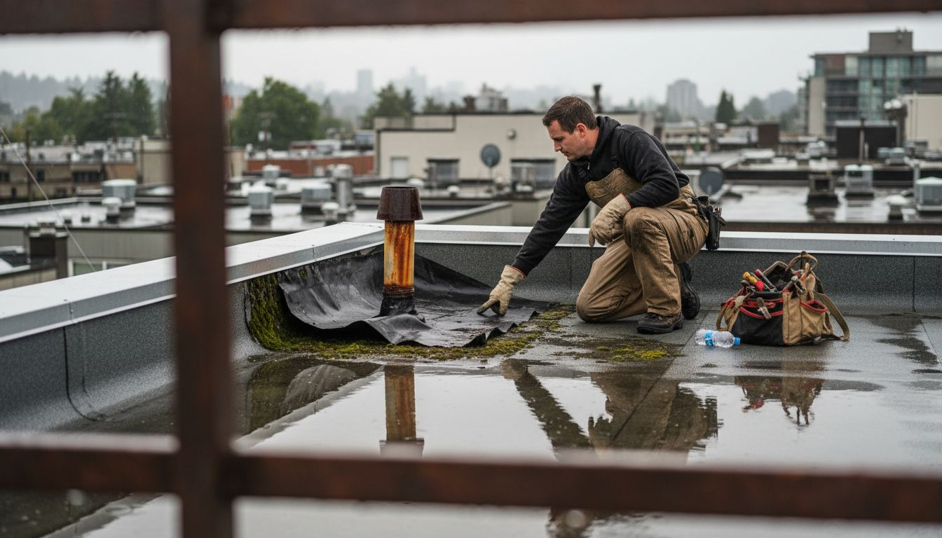Technician showing rain damage on flat roof
