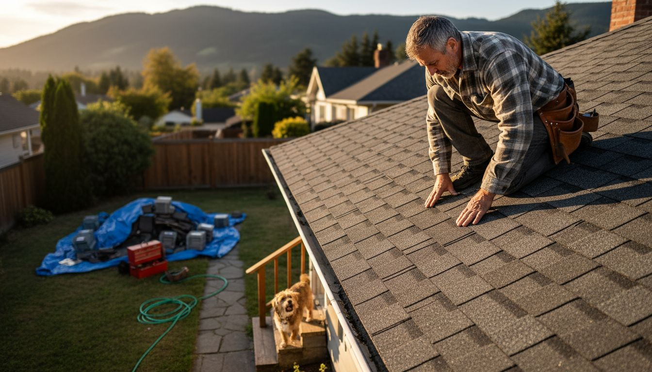 Contractor installing asphalt shingles on BC bungalow