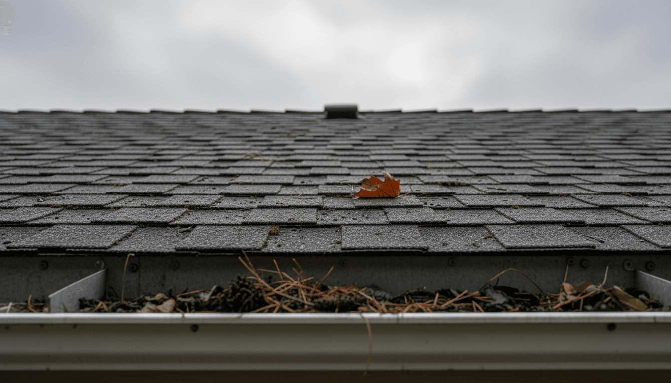 Worn asphalt shingles with moss and debris