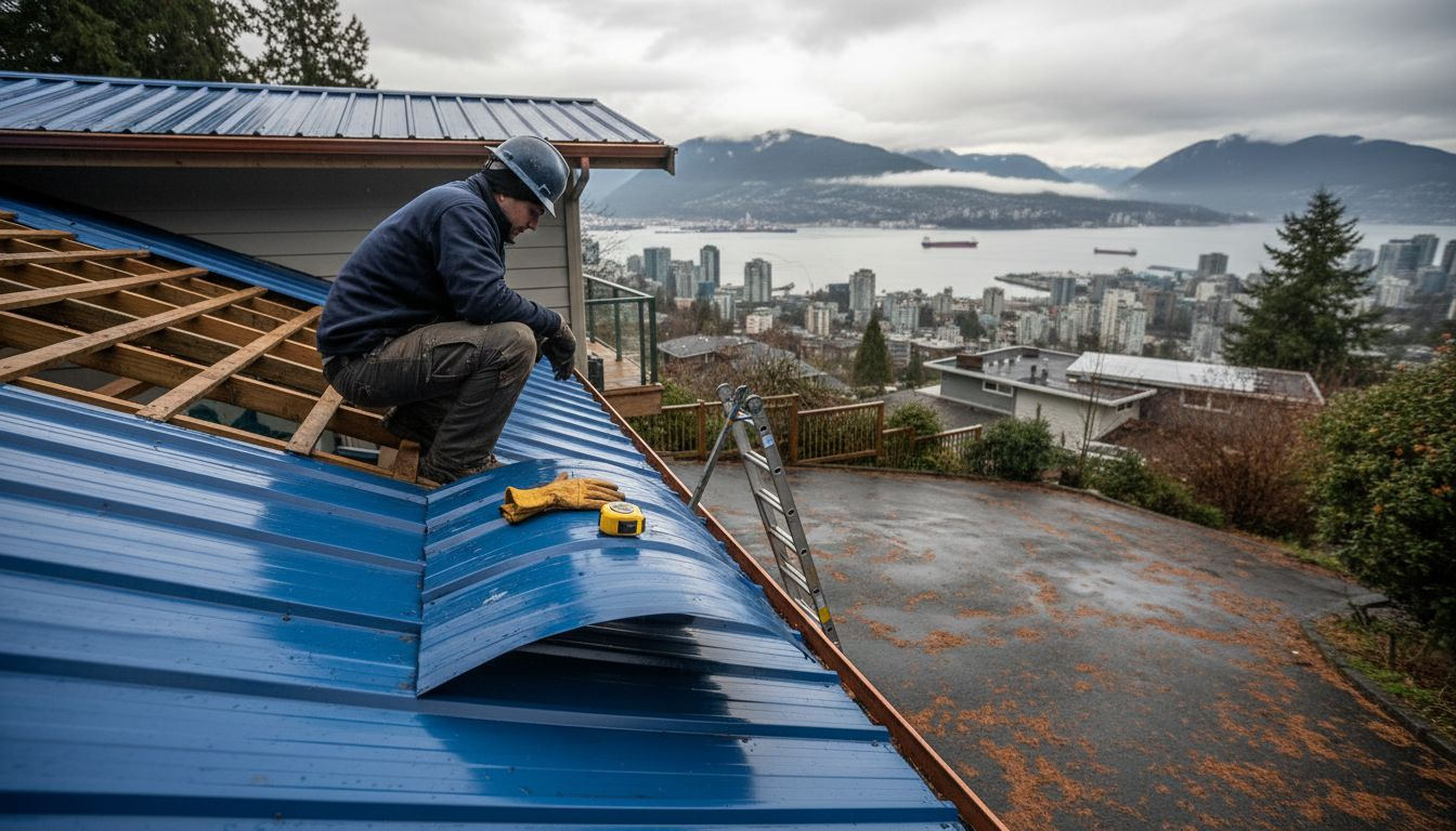 Worker installing metal roofing on rainy BC hill
