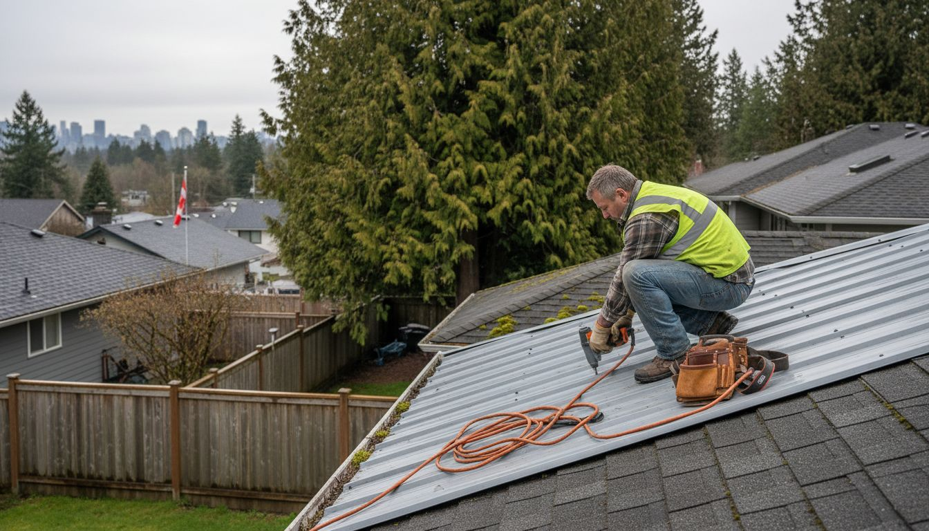 Roofer working on BC home rooftop, city skyline visible