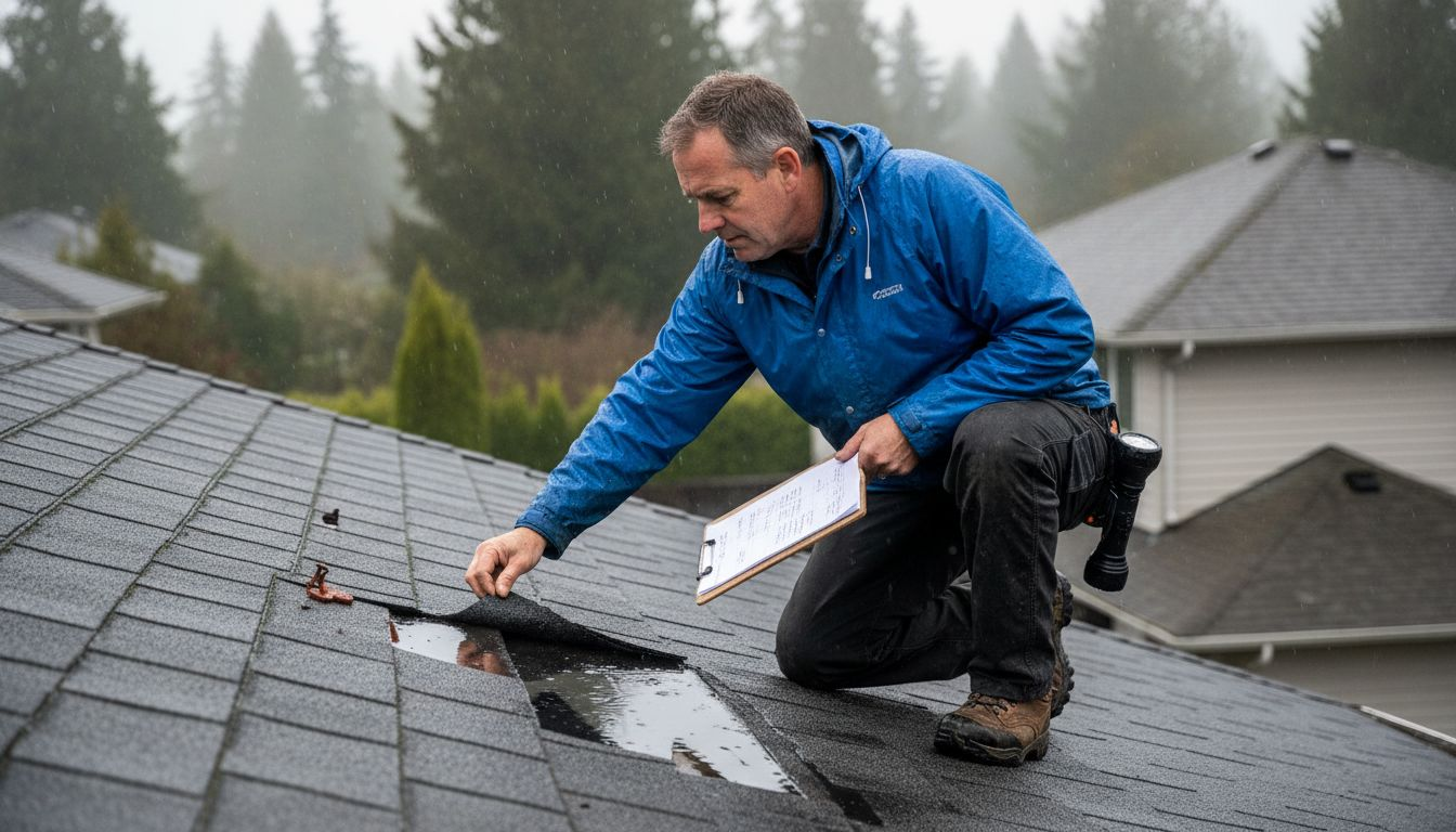 Roof inspector checking wet BC rooftop