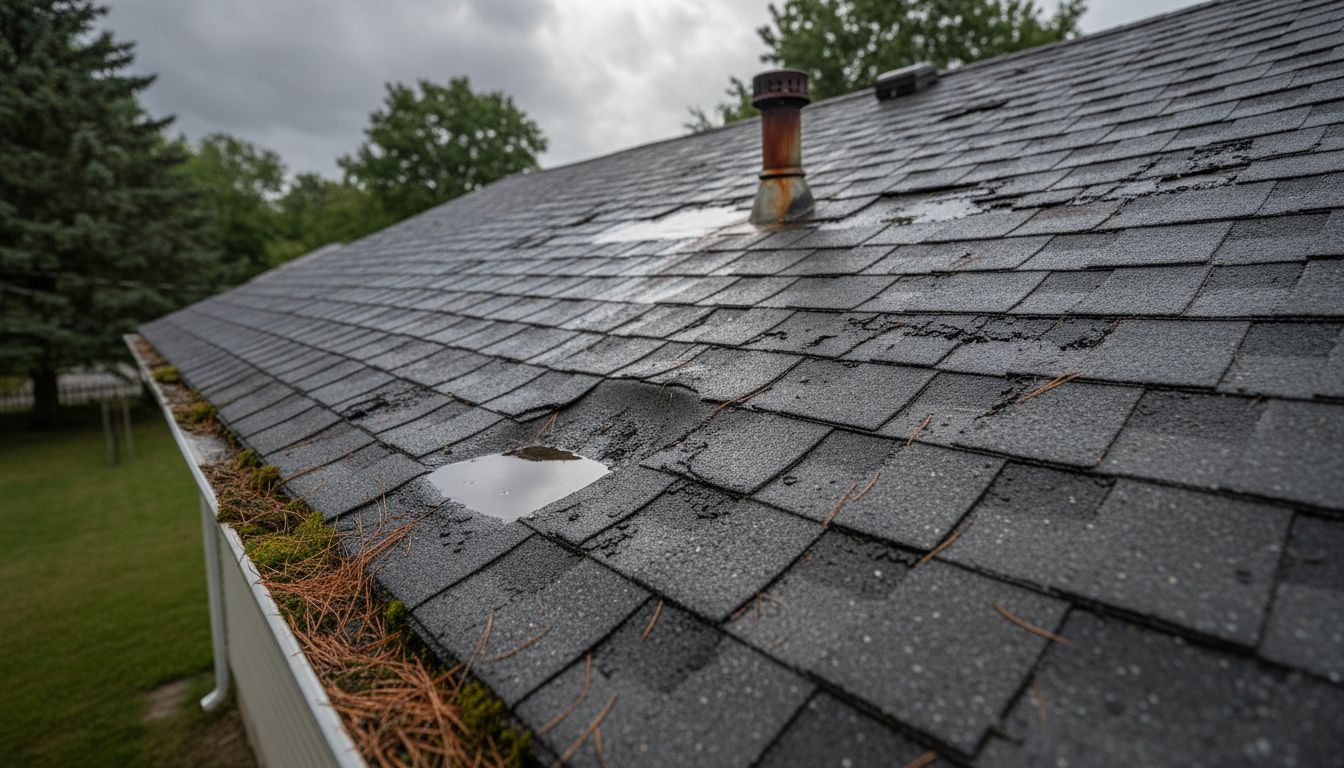Aging asphalt roof with rain and moss