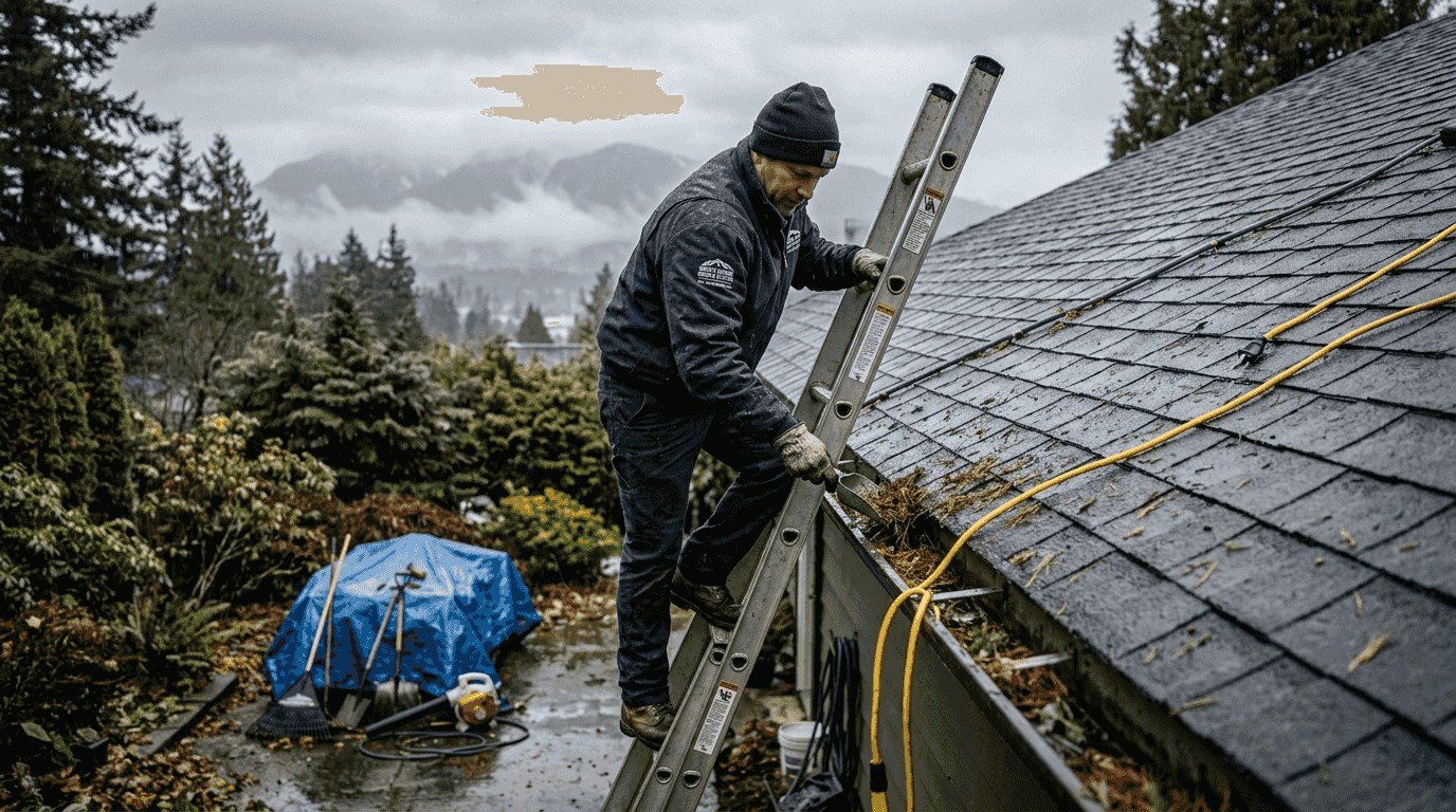 Roof technician clearing Vancouver home roof in rain