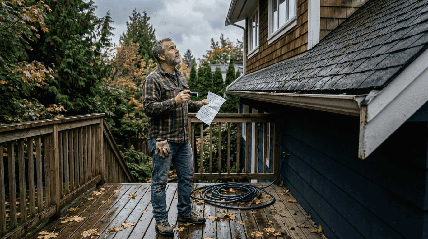 BC homeowner inspecting roof with checklist