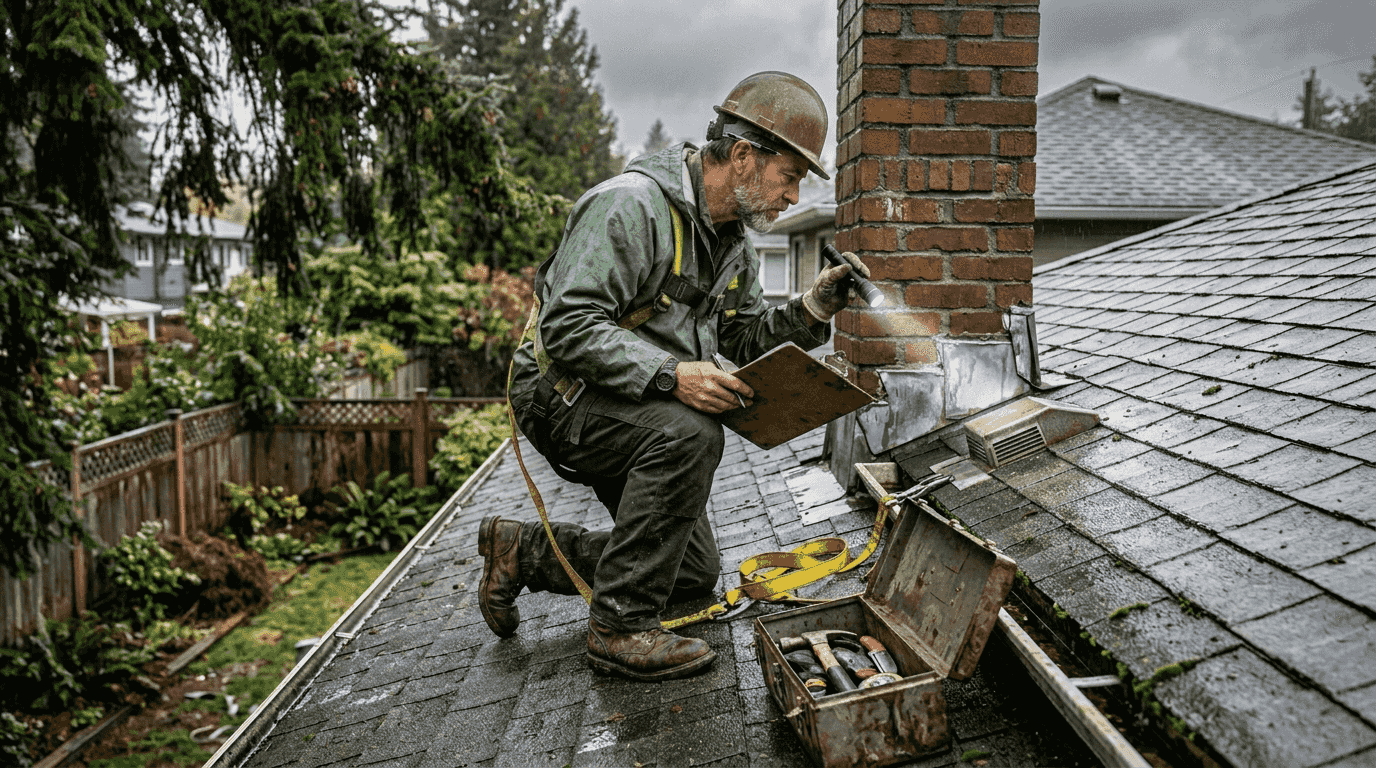Roofer inspecting wet shingles on rainy day