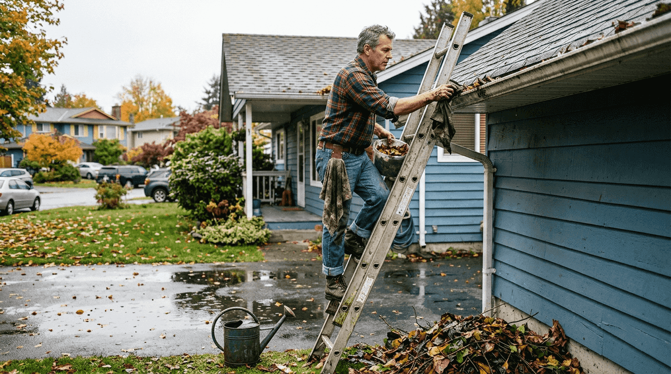 Homeowner cleaning gutters suburban BC house