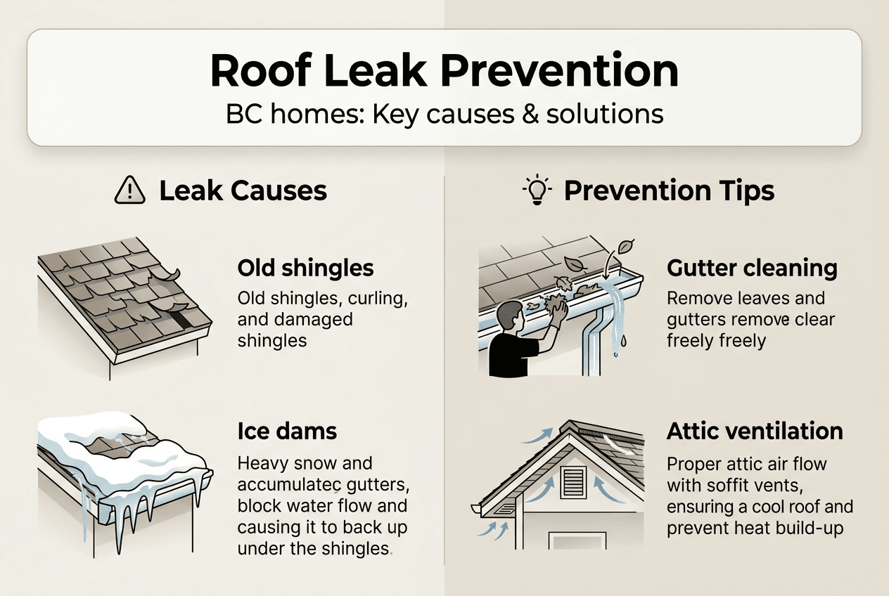 Infographic showing roof leak causes and prevention