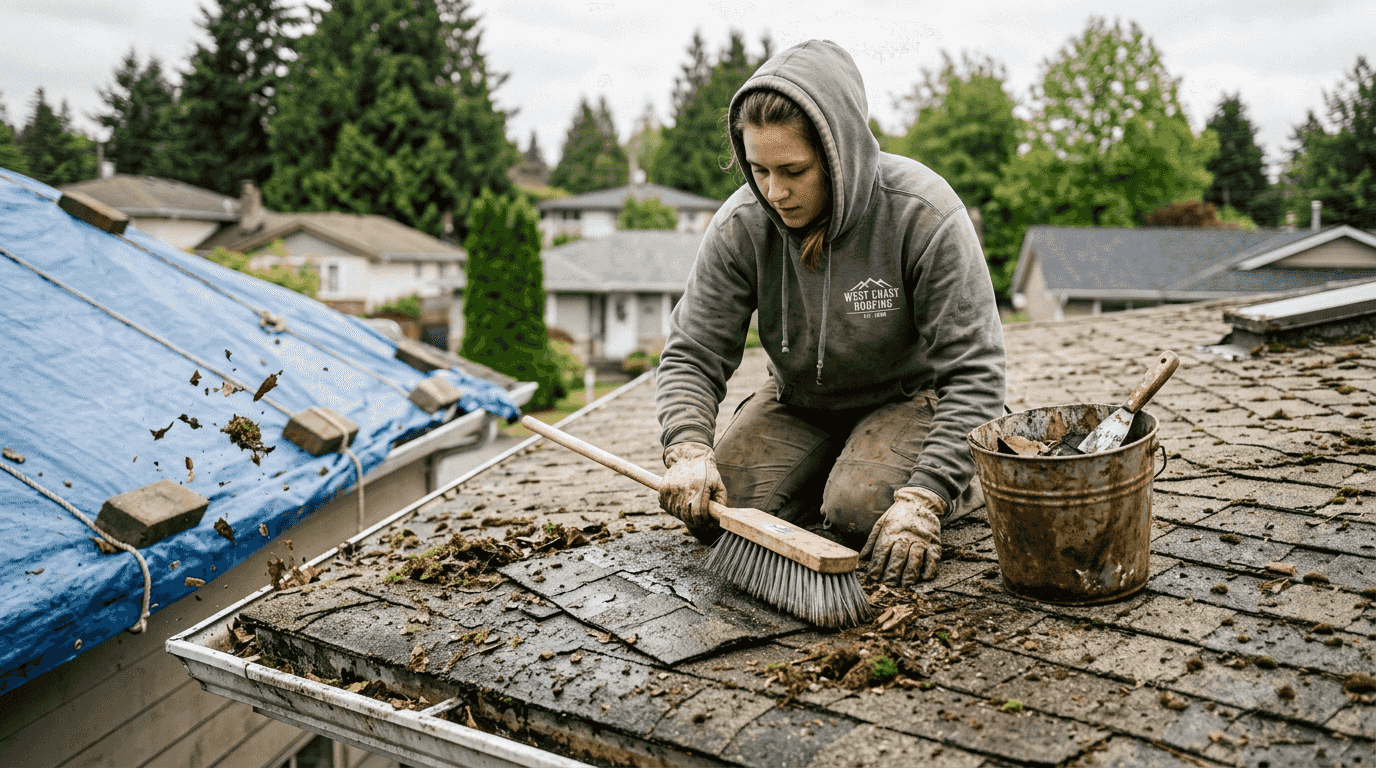 Worker cleaning debris for roof repairs