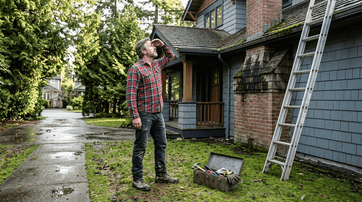 Homeowner inspecting roof leak outside house
