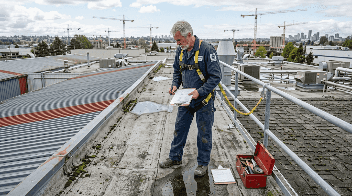 Manager inspecting roofing types on BC facility