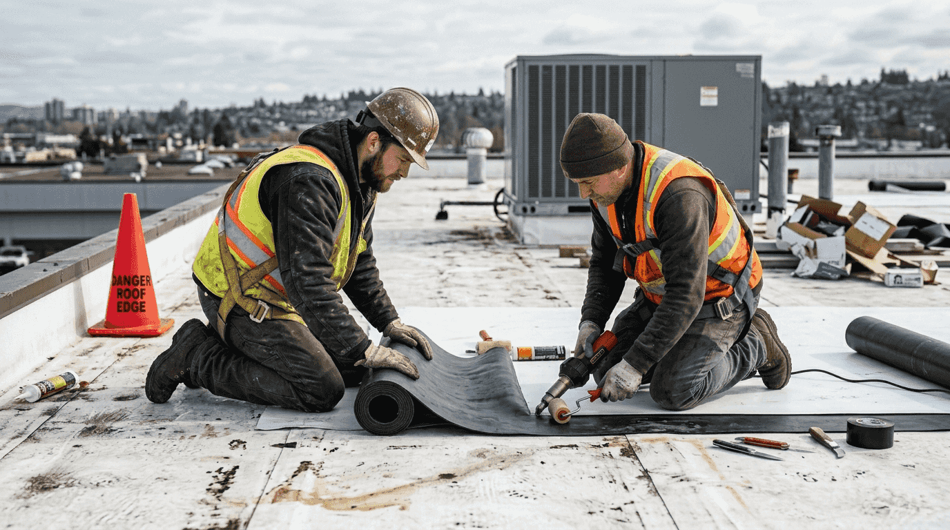 Contractors installing TPO and EPDM roof membranes