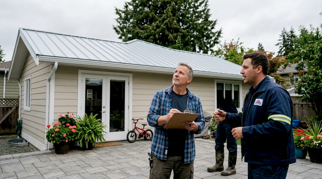 Homeowner inspects light-coloured metal roof