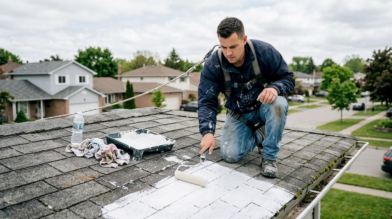 Technician applies white roof coating