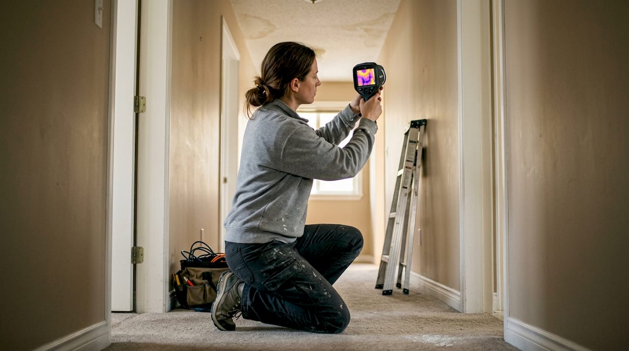 Technician using thermal camera for roof leaks