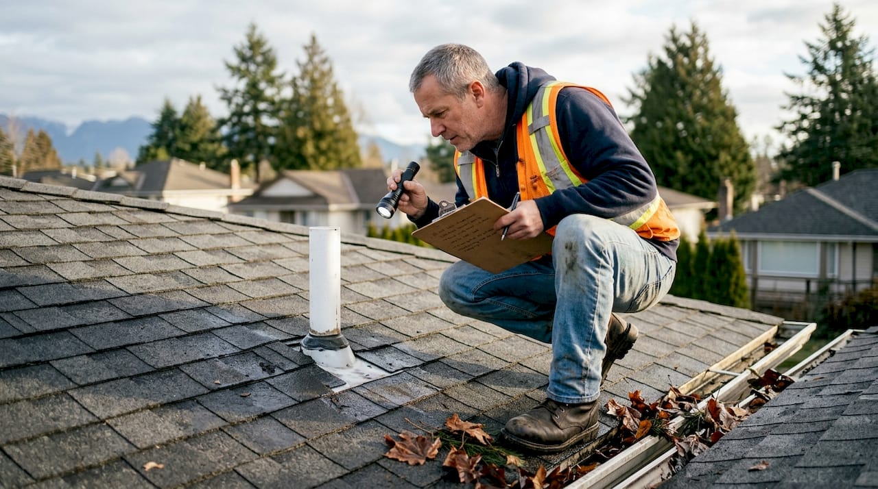 Roofing contractor inspecting residential roof leak
