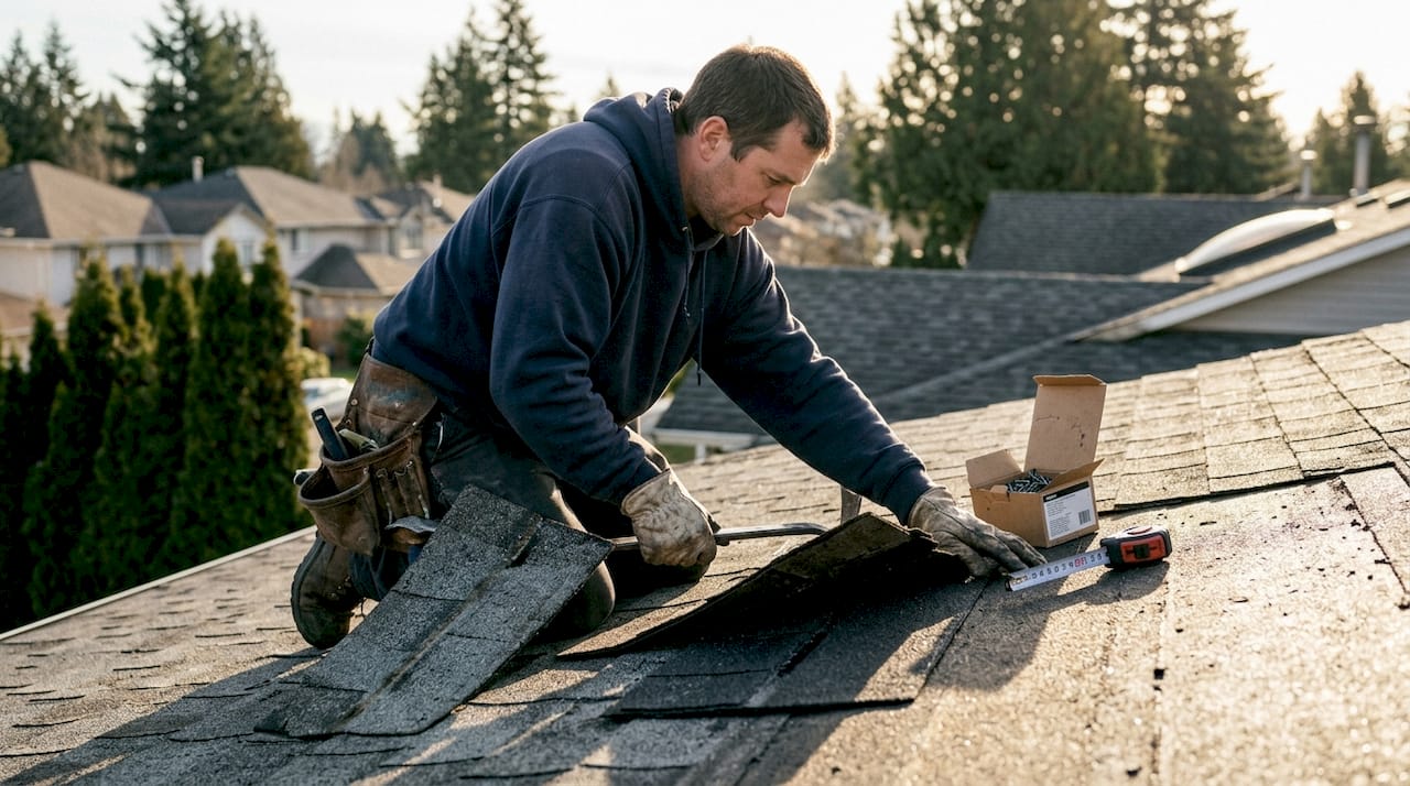 Roofer repairing shingles with tools on rooftop