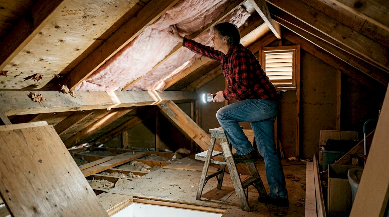 Homeowner inspecting insulation in BC attic