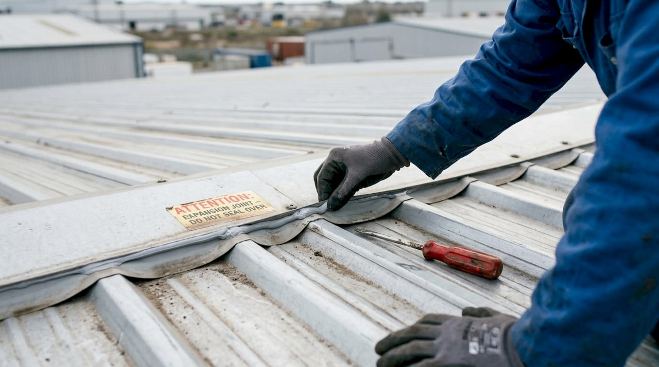 Close-up metal roof expansion joint inspection