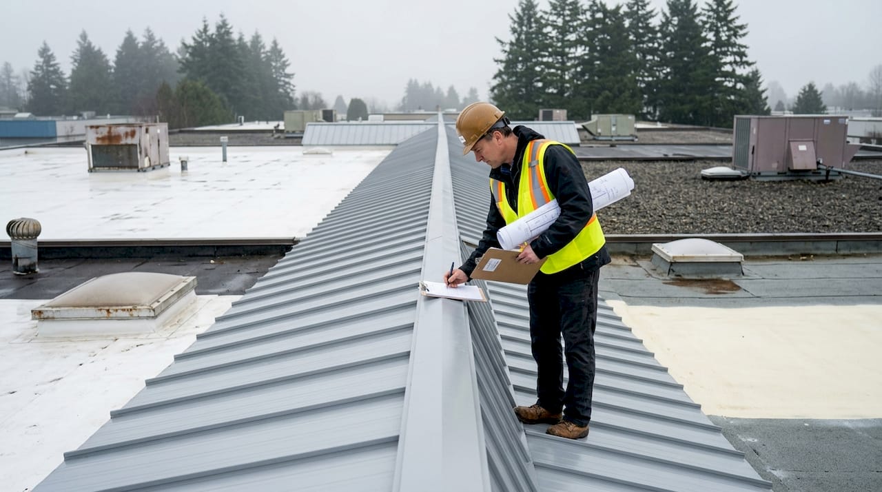 Manager inspects mixed industrial roofing types