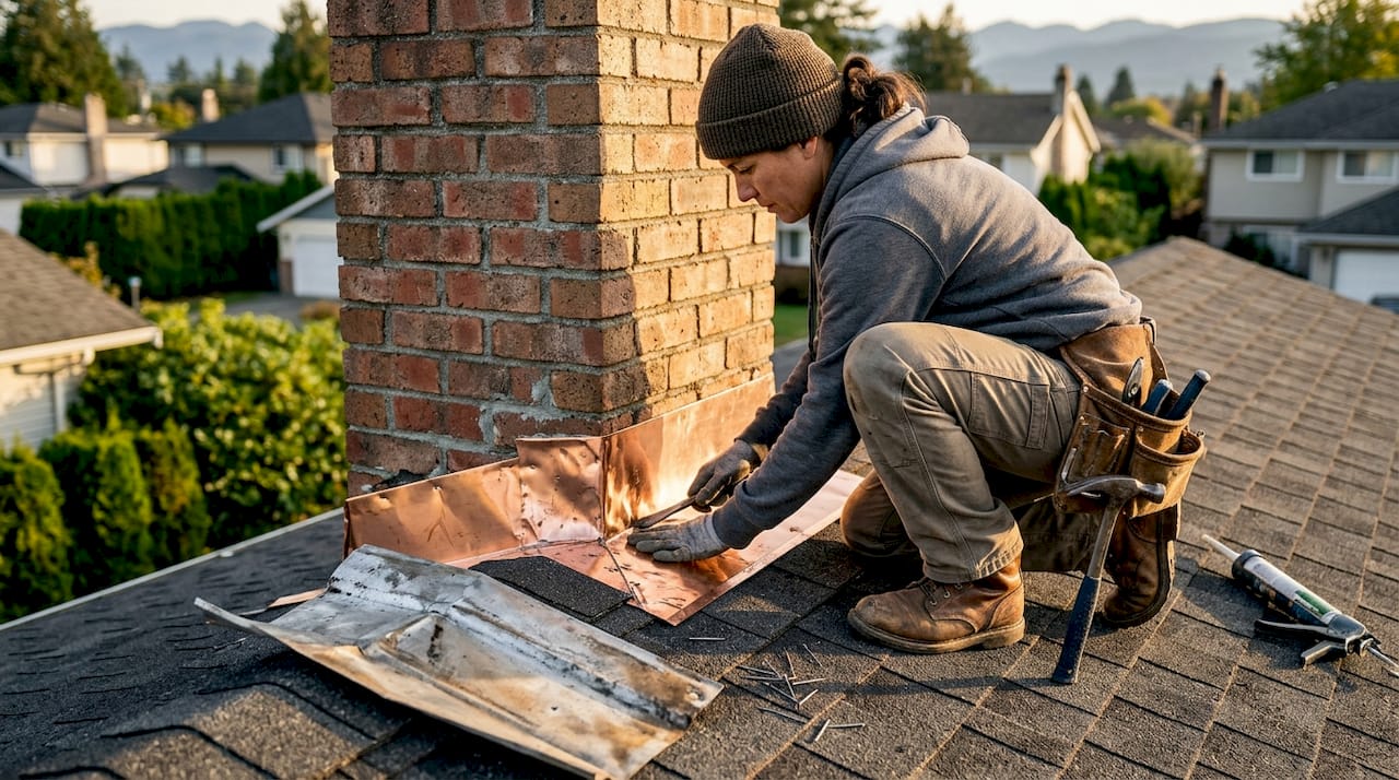 Contractor repairing chimney flashing copper
