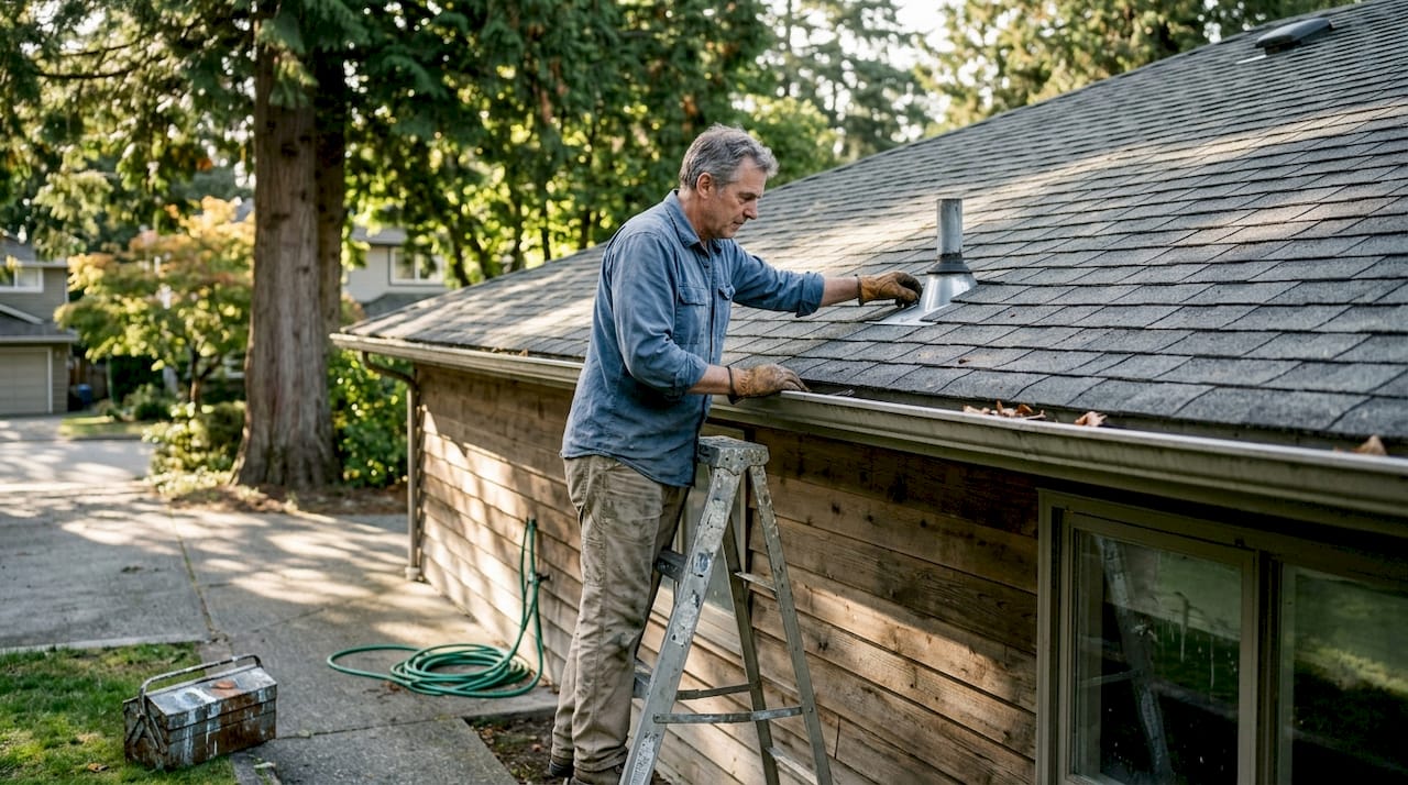 Homeowner inspecting roof flashing in BC