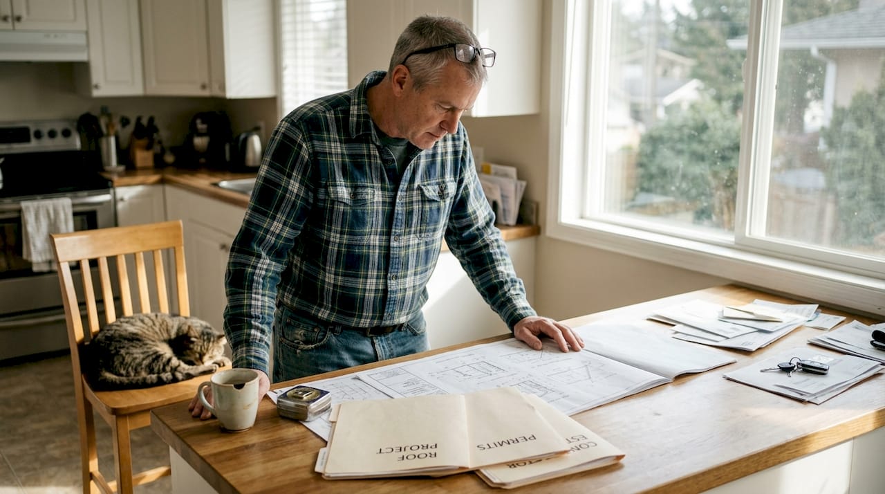 Homeowner reviewing roof retrofit plans in kitchen