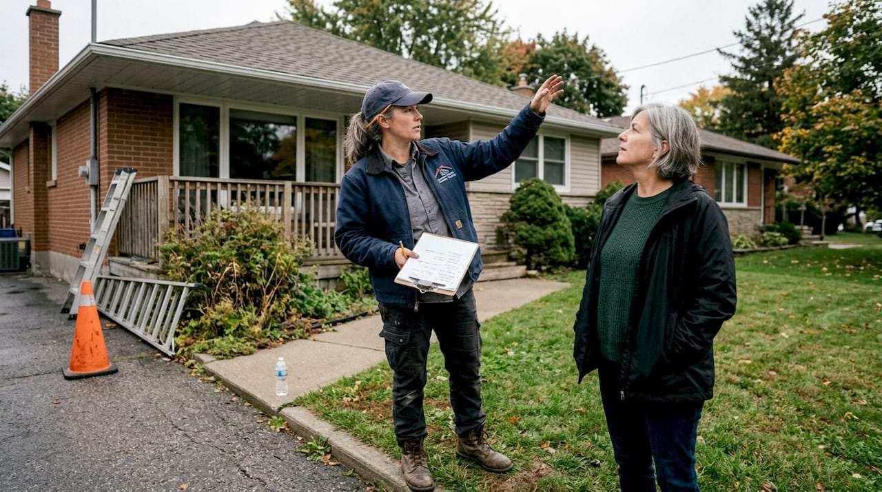 Roofer explaining retrofit options to homeowner