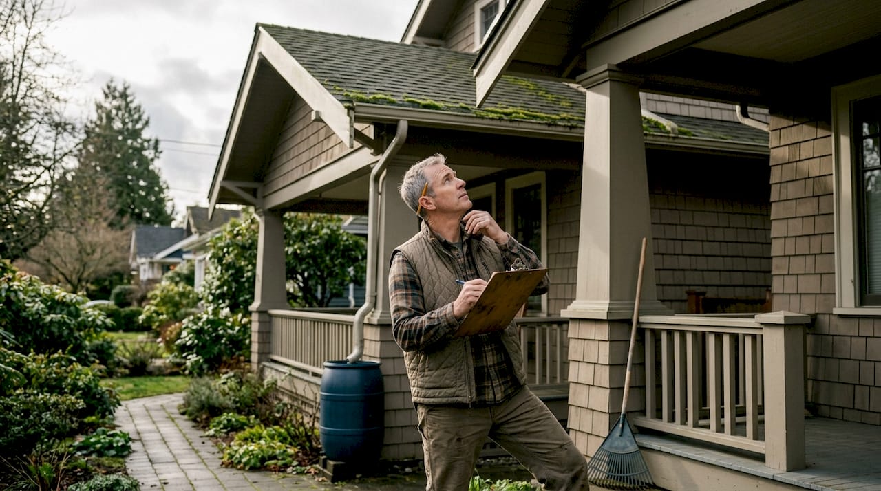 Homeowner inspects roof on BC house