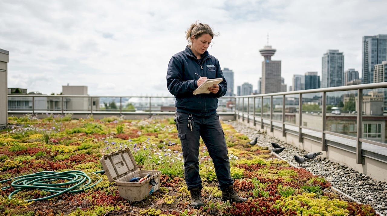 Superintendent checks rooftop green garden downtown