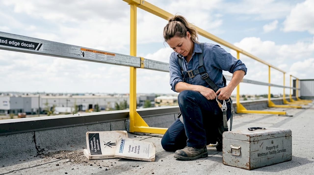 Technician checks harness by roof guardrail