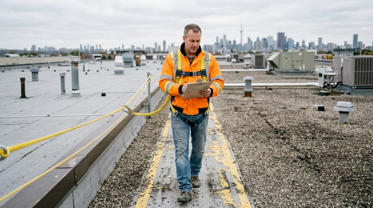 Supervisor inspecting hazards on warehouse roof