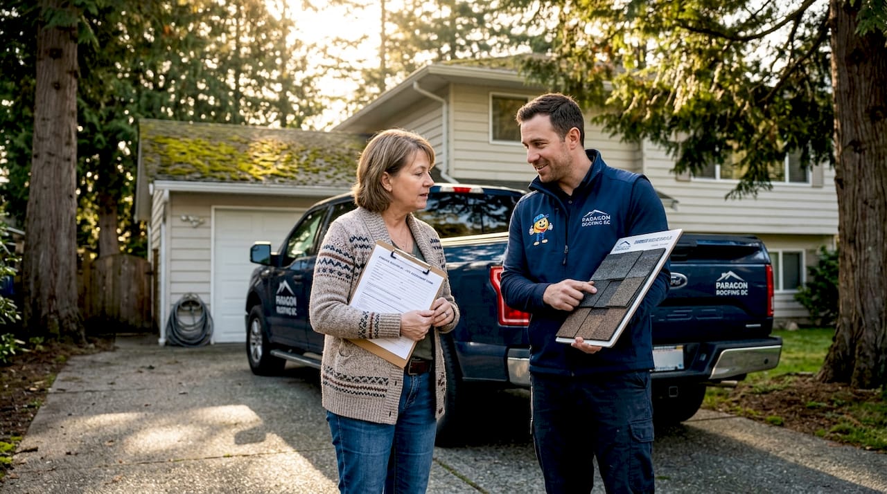 Homeowner discusses roof plan with contractor