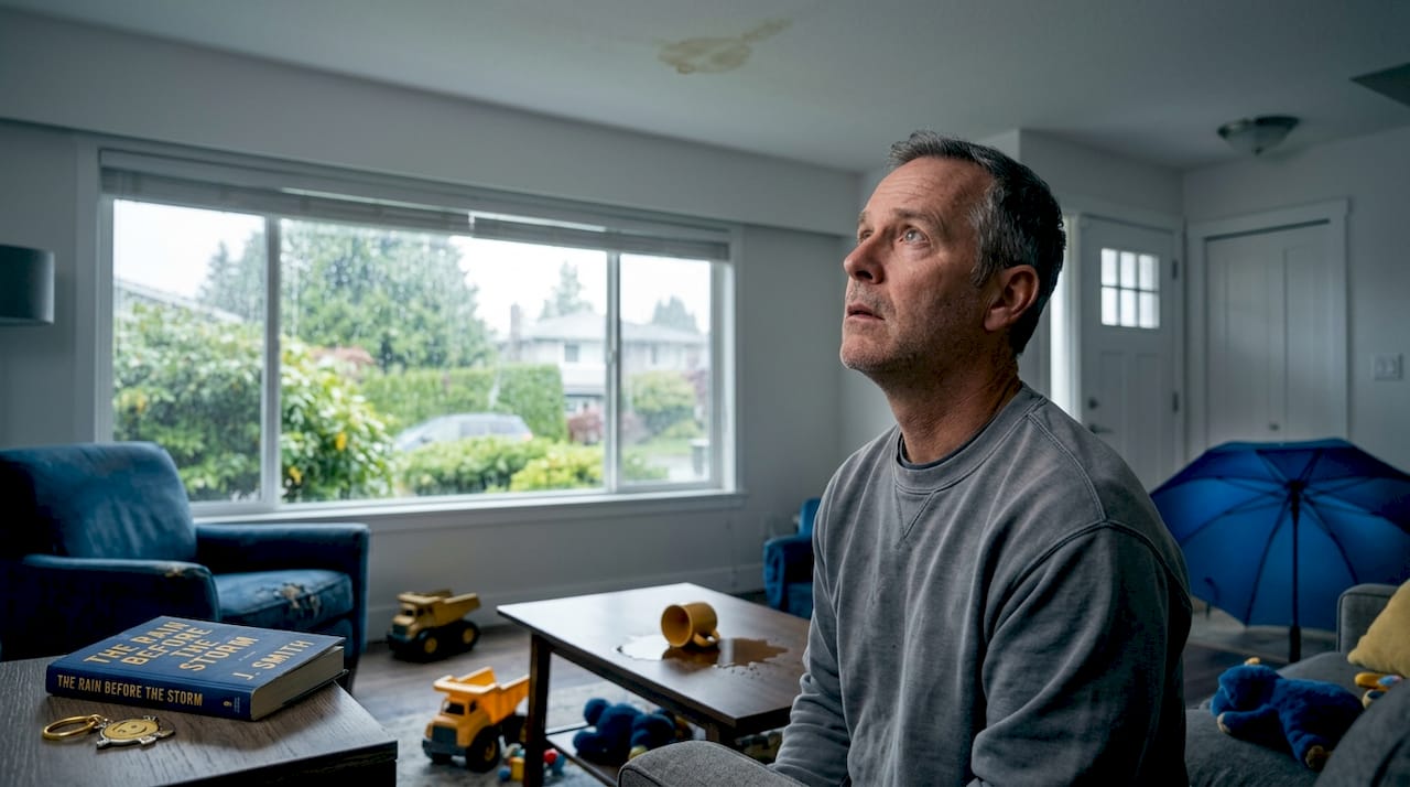 Homeowner inspects water stain from roof leak