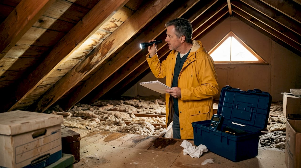 Homeowner examining attic for roof leaks