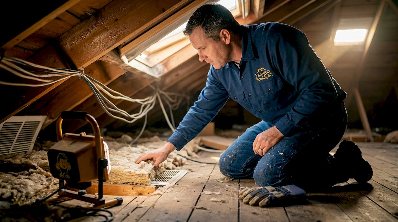 Inspector checking attic insulation and ventilation