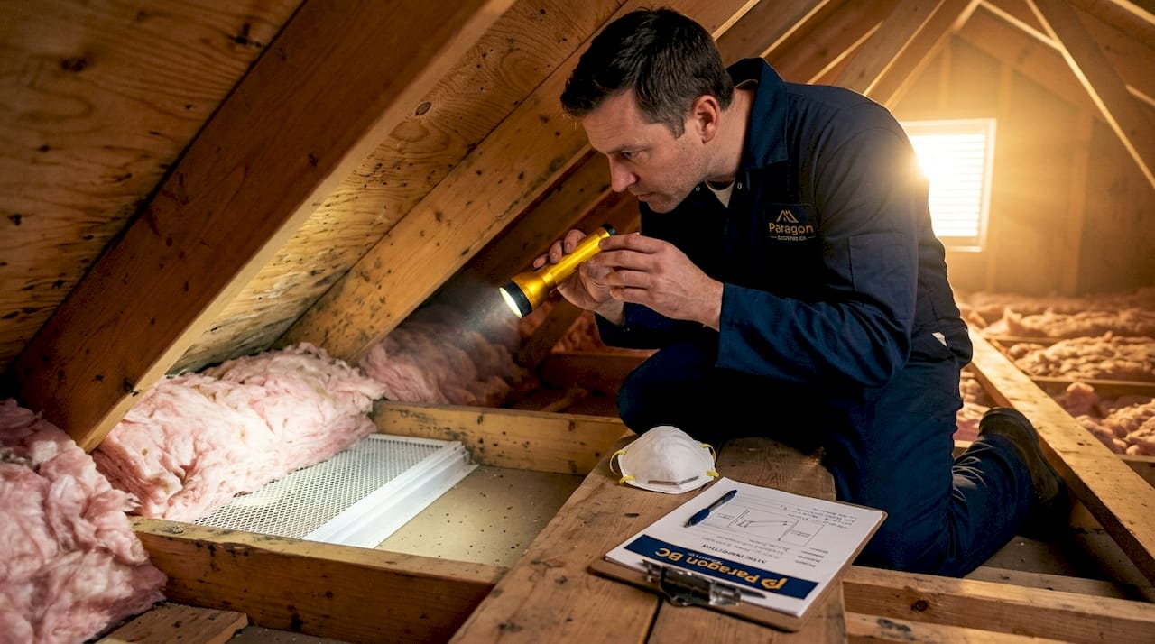 Roofer inspecting blocked attic soffit vent