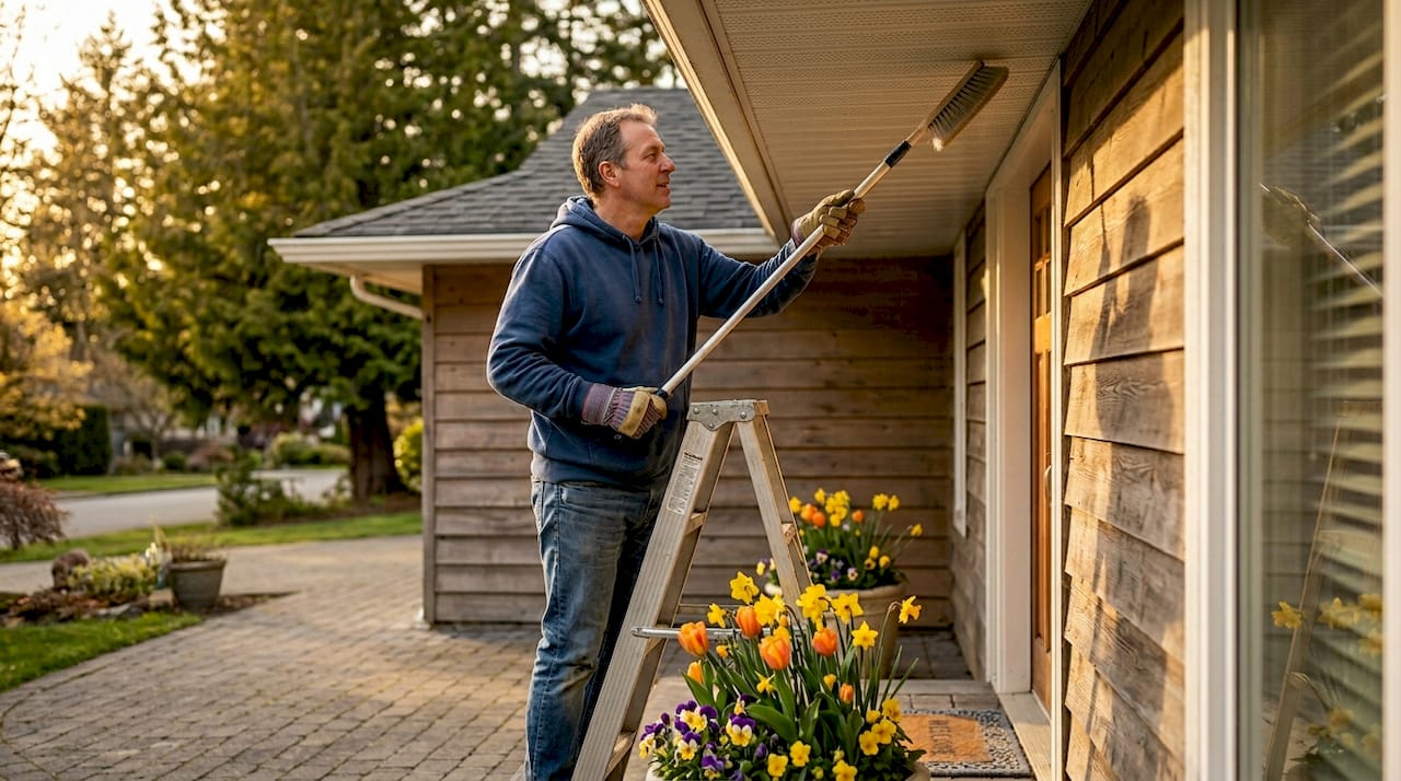 Homeowner cleaning vented soffit panels