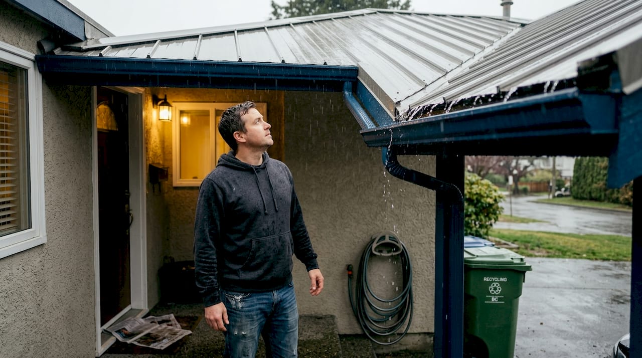Homeowner observing drainage on metal roof